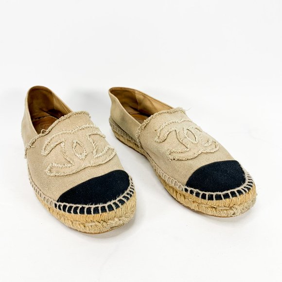 CHANEL Shoes - CHANEL Beige Canvas CC Logo Espadrille Flats